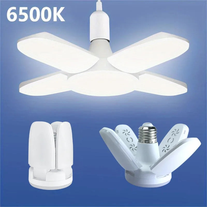 E27 LED сијалица со склоплива форма на вентилатор 28W AC220V/110V деформација за домашни плафонски светилки, магацин и гаража, бела светлина, 6500K сијалица