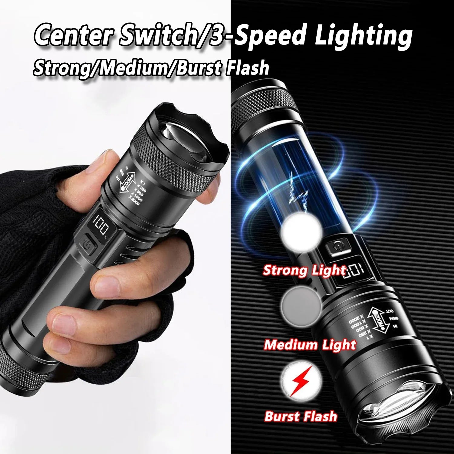 2000LM Ultra Bright P50 LED Flashlight Tactical EDC Emergency Spotlight Telescopic Zoom Handheld Torch with 14500/18650 Battery