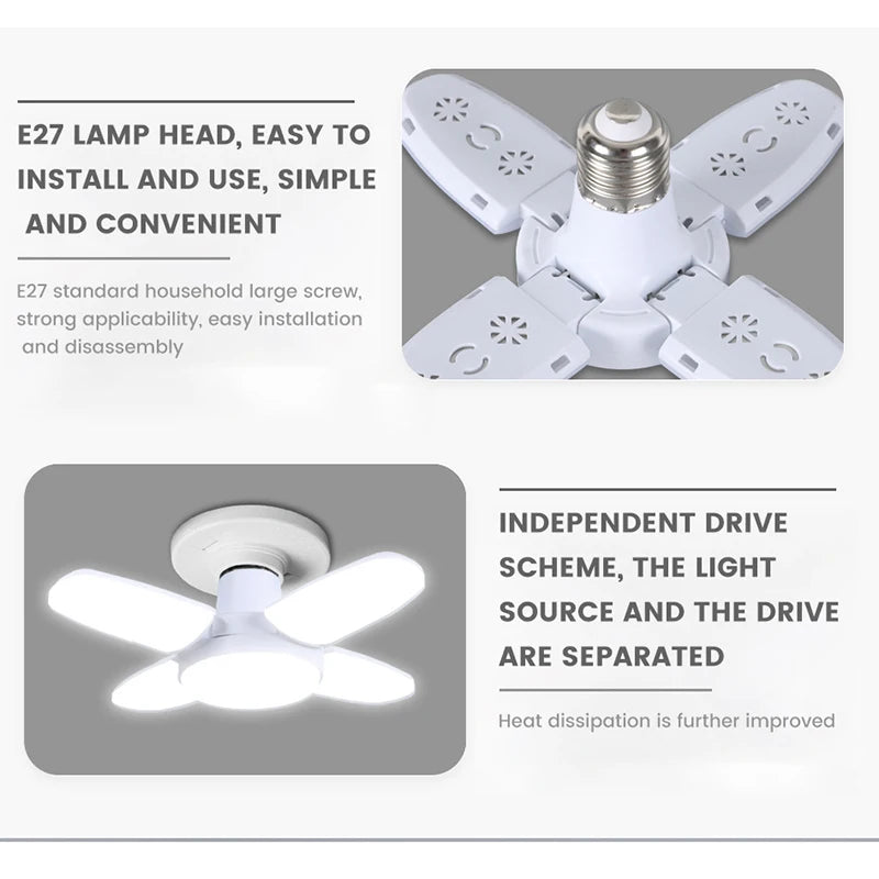 E27 LED сијалица со склоплива форма на вентилатор 28W AC220V/110V деформација за домашни плафонски светилки, магацин и гаража, бела светлина, 6500K сијалица