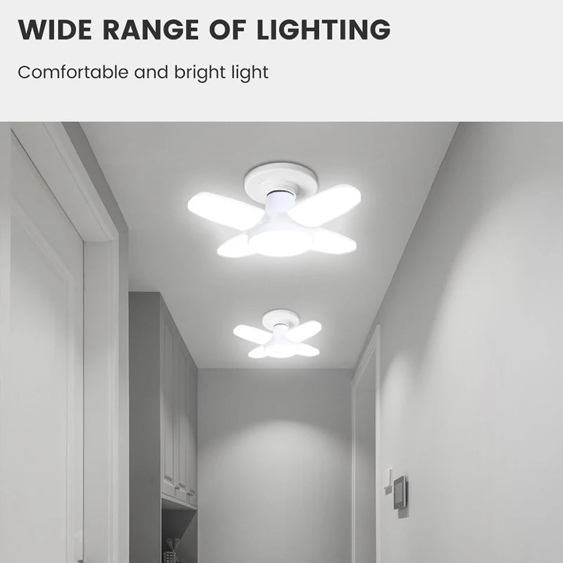 E27 LED сијалица со склоплива форма на вентилатор 28W AC220V/110V деформација за домашни плафонски светилки, магацин и гаража, бела светлина, 6500K сијалица
