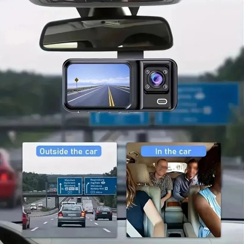 Контролна камера со IR ноќно гледање, снимање во јамка и 2" IPS екран, 1080P, 3 камери, DVR снимач, видео снимач, DVR за возила