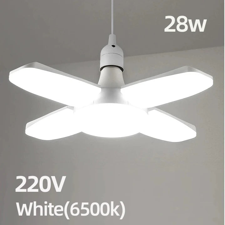 E27 LED сијалица со склоплива форма на вентилатор 28W AC220V/110V деформација за домашни плафонски светилки, магацин и гаража, бела светлина, 6500K сијалица