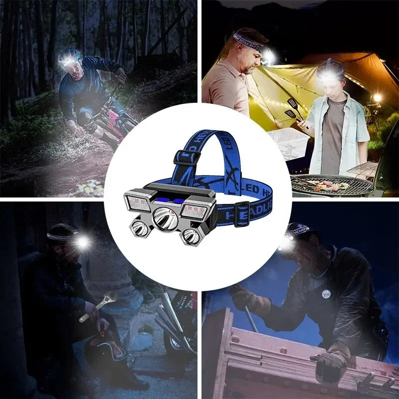 5 LED полна батерија на полнење со вградена литиумска батерија, силна предна светилка за кампување, авантура, риболов, возење велосипед