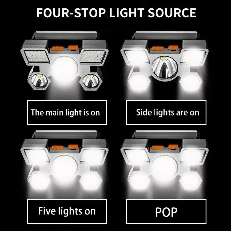 5 LED полна батерија на полнење со вградена литиумска батерија, силна предна светилка за кампување, авантура, риболов, возење велосипед