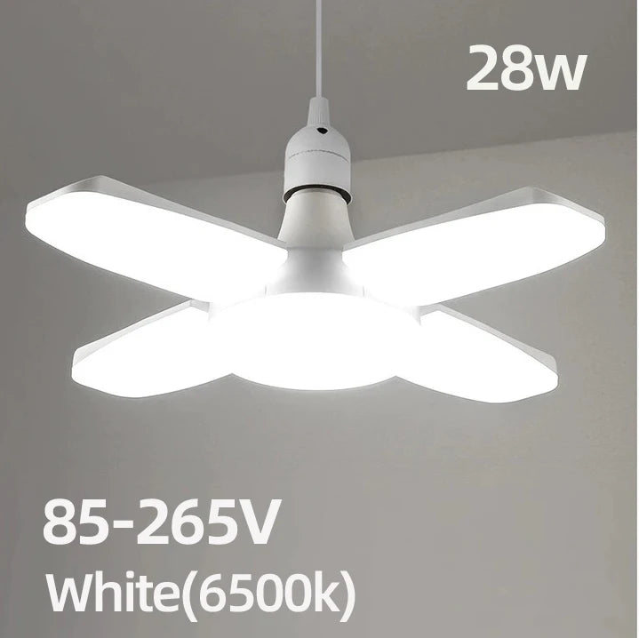 E27 LED сијалица со склоплива форма на вентилатор 28W AC220V/110V деформација за домашни плафонски светилки, магацин и гаража, бела светлина, 6500K сијалица