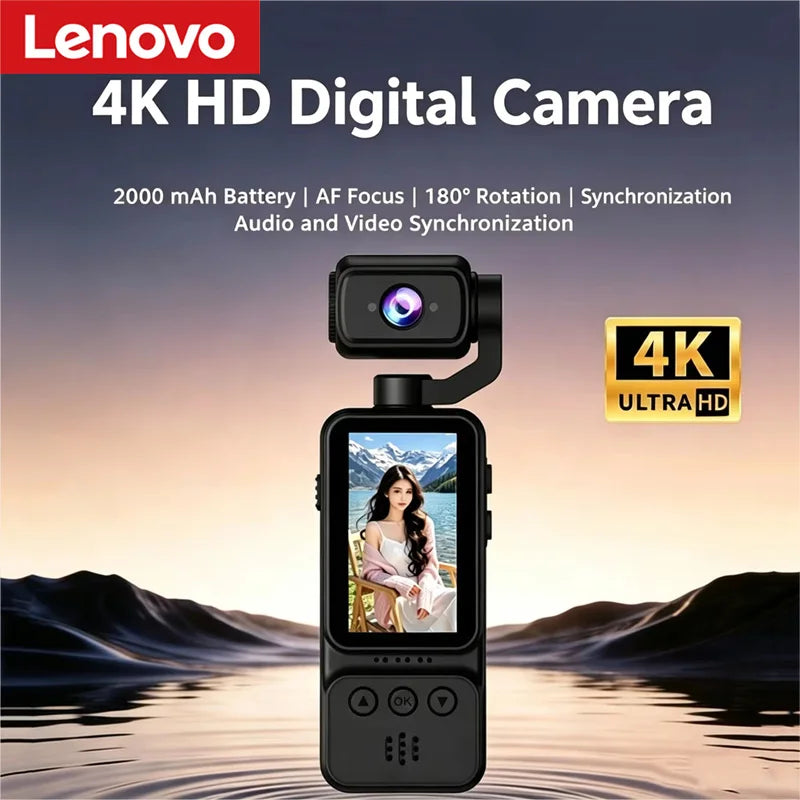 Lenovo 4K HD WiFi Pocket Camera with Night Vision Video and Audio Recording Chest-Mounted Bike Dashcam 180-Degree Rotating Lens