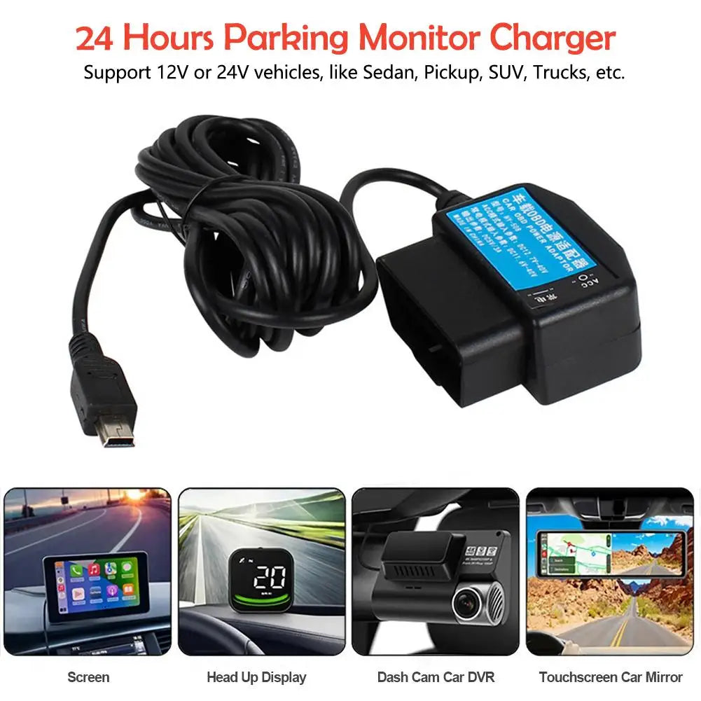 Dash Cam 24-часовен паркинг мониторинг комплет за жично поврзување OBD на USB адаптер кабел за напојување за камера на инструмент табла (Dashcam) и ретровизор рекордер со 24-часовен паркинг монитор