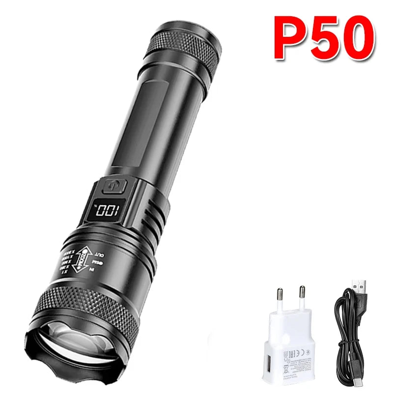 2000LM Ultra Bright P50 LED Flashlight Tactical EDC Emergency Spotlight Telescopic Zoom Handheld Torch with 14500/18650 Battery