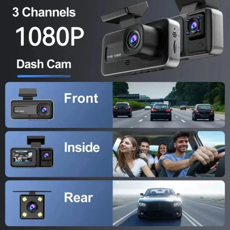 Контролна камера со IR ноќно гледање, снимање во јамка и 2" IPS екран, 1080P, 3 камери, DVR снимач, видео снимач, DVR за возила